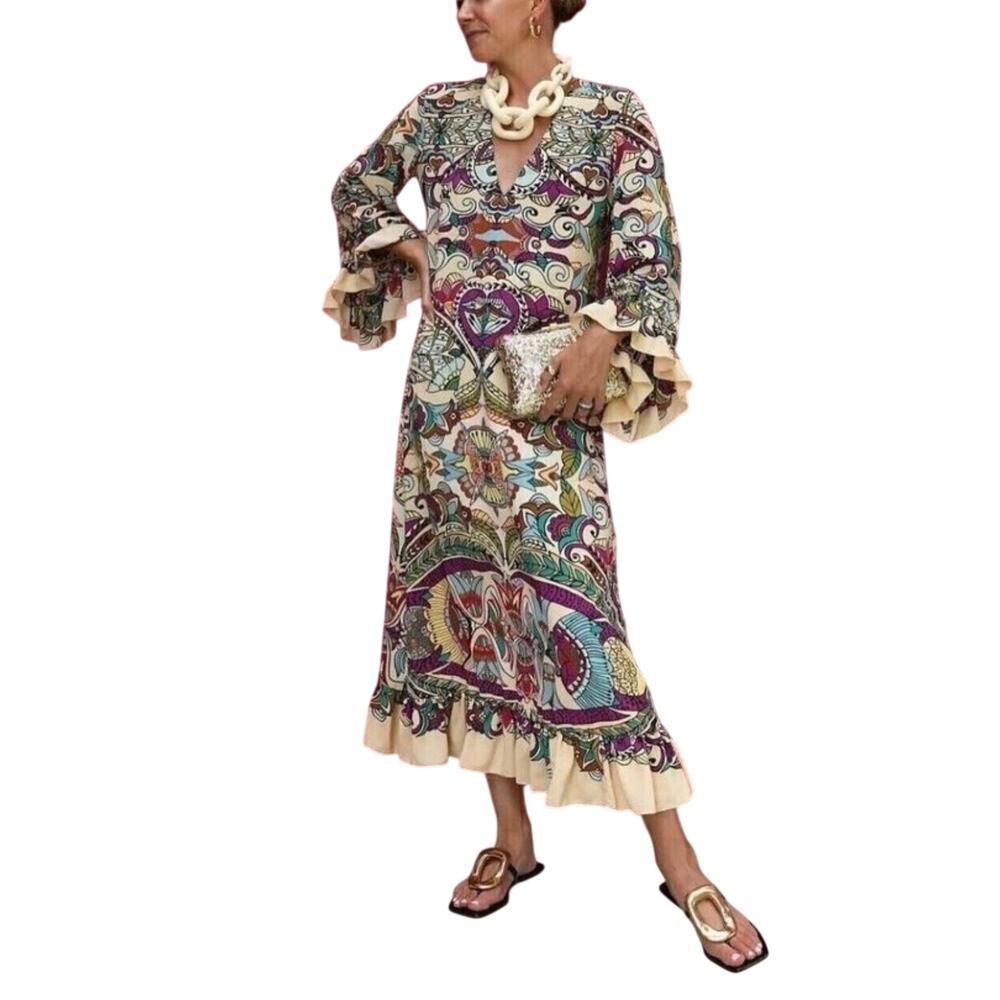 Zara Multicolor Kaleidoscope Print Midi Dress Ruffle Sleeves Hem XS
